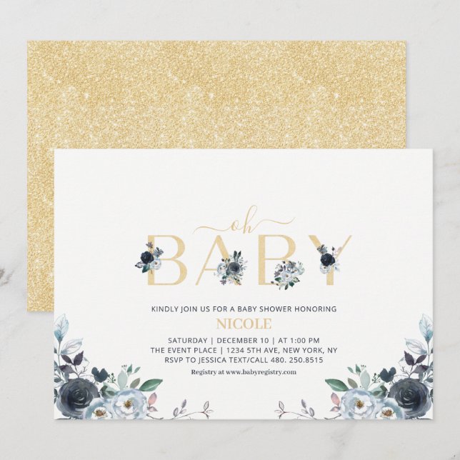 Navy Blue & Gold Elegant Boho Floral Baby Shower Invitation (Front/Back)