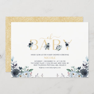 Navy Blue & Gold Elegant Boho Floral Baby Shower Invitation