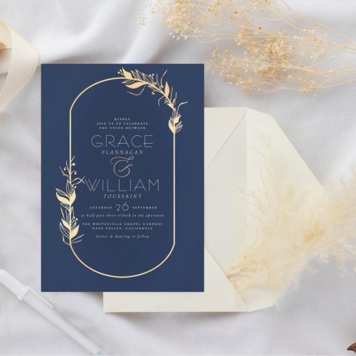 Navy Blue  Gold Elegant Botanical Frame Wedding Invitation