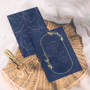 Navy Blue & Gold Elegant Botanical Frame Wedding Invitation