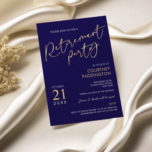 Navy Blue & Gold Elegant Classic Retirement Party
