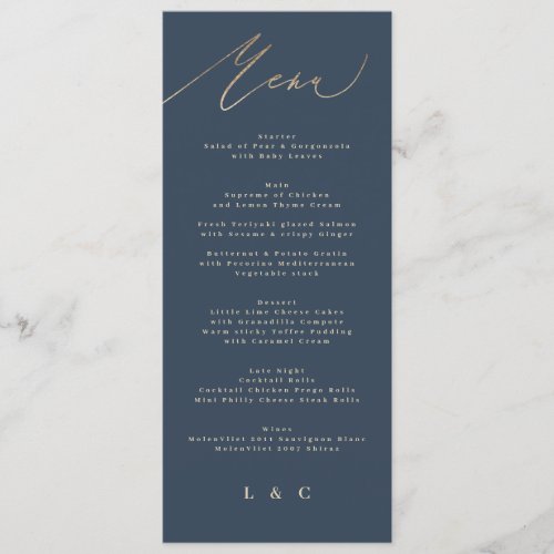 Navy Blue Gold Elegant Classic Wedding Menu