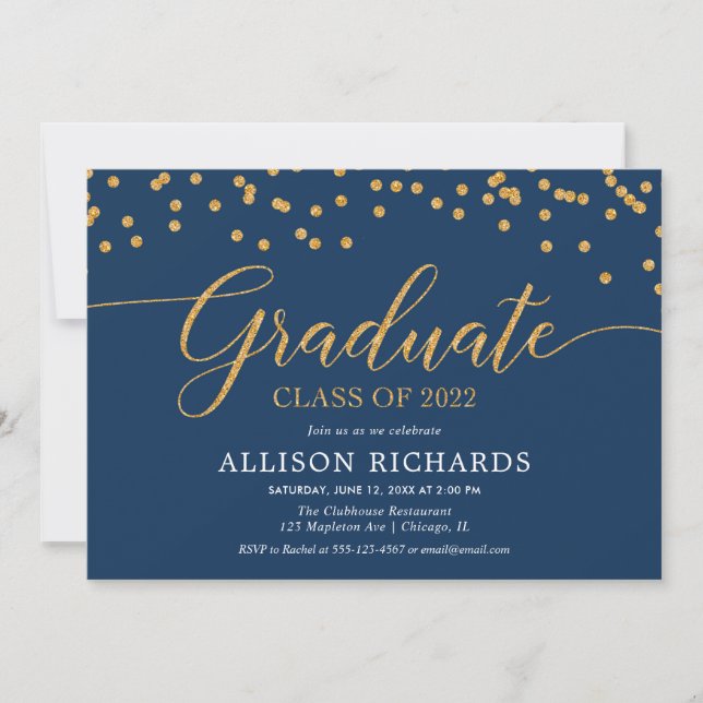 Navy blue gold elegant confetti graduation party i invitation (Front)