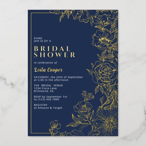 Navy Blue  Gold  Elegant Floral Bridal Shower Foil Invitation