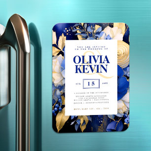 Navy Blue & Gold Elegant Floral Watercolor Wedding Magnet