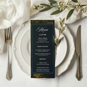 Navy Blue & Gold Elegant Floral Wedding Menu