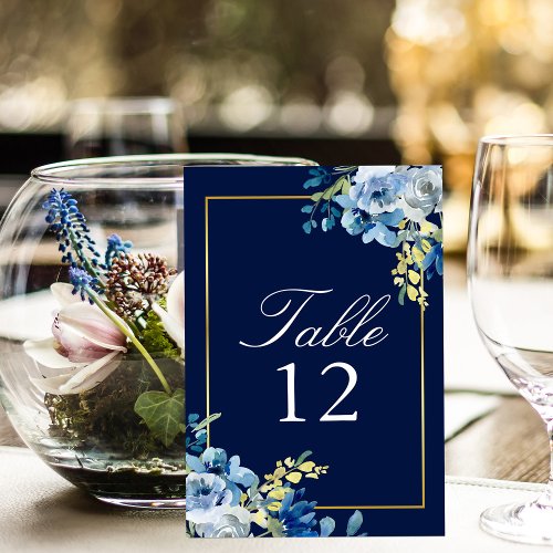Navy Blue Gold Elegant Floral Wedding Table Number