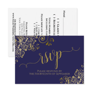 Navy Blue & Gold Elegant Lacy Calligraphy Wedding RSVP Card