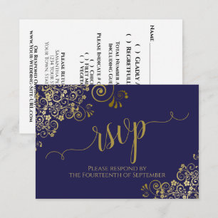 Navy Blue & Gold Elegant Lacy Calligraphy Wedding RSVP Card