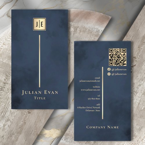 Navy Blue Gold Elegant Luxe Monogram Business Card