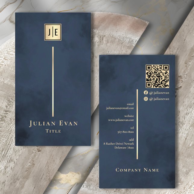 Navy Blue Gold Elegant Luxe Monogram Business Card (Creator Uploaded)