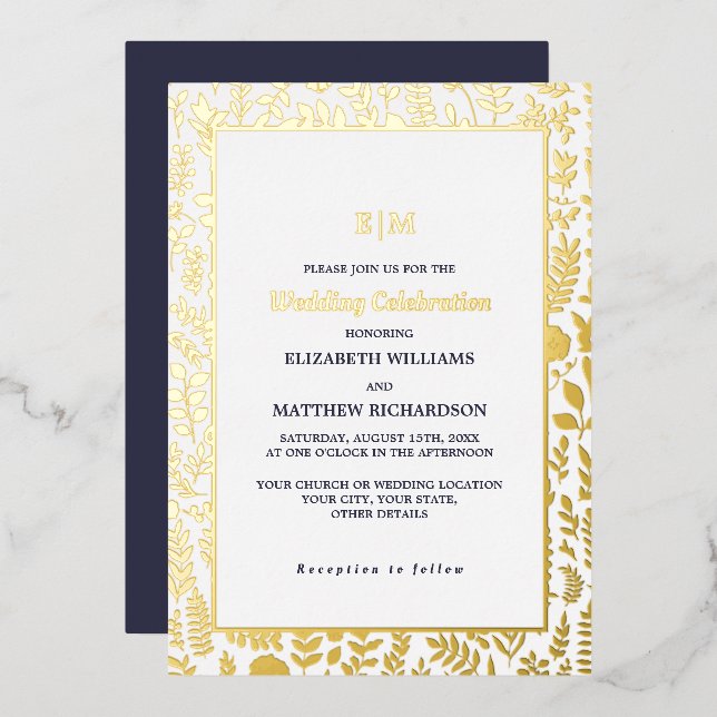 Navy Blue Gold Elegant Luxury Wedding  Foil Invitation (Front/Back)