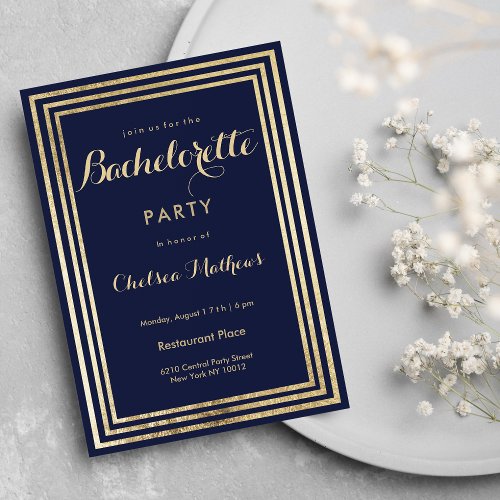 Navy Blue Gold Elegant Modern Bachelorette Party Invitation