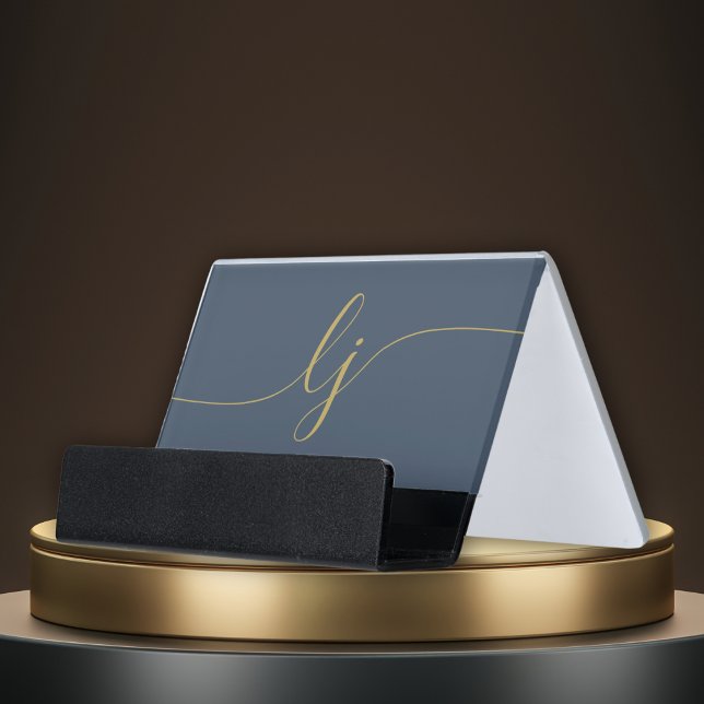 Navy Blue Gold Elegant Modern Monogram Script Chic Desk Business Card Holder (Creator Uploaded)