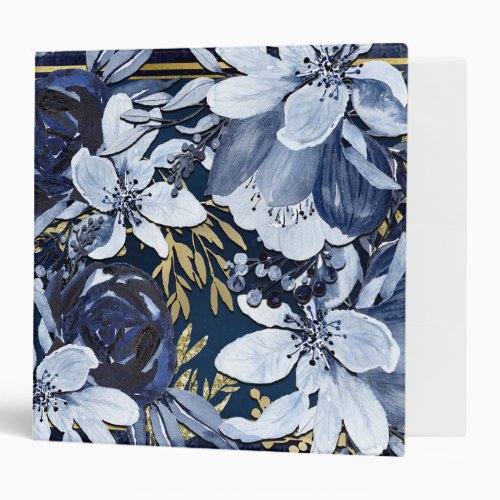 Navy Blue  Gold Elegant Modern Watercolor Floral 3 Ring Binder