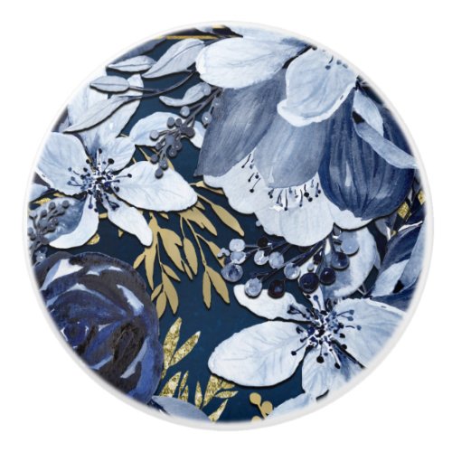 Navy Blue  Gold Elegant Modern Watercolor Floral Ceramic Knob