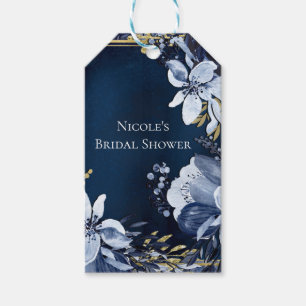 Navy Blue & Gold Elegant Modern Watercolor Floral Gift Tags
