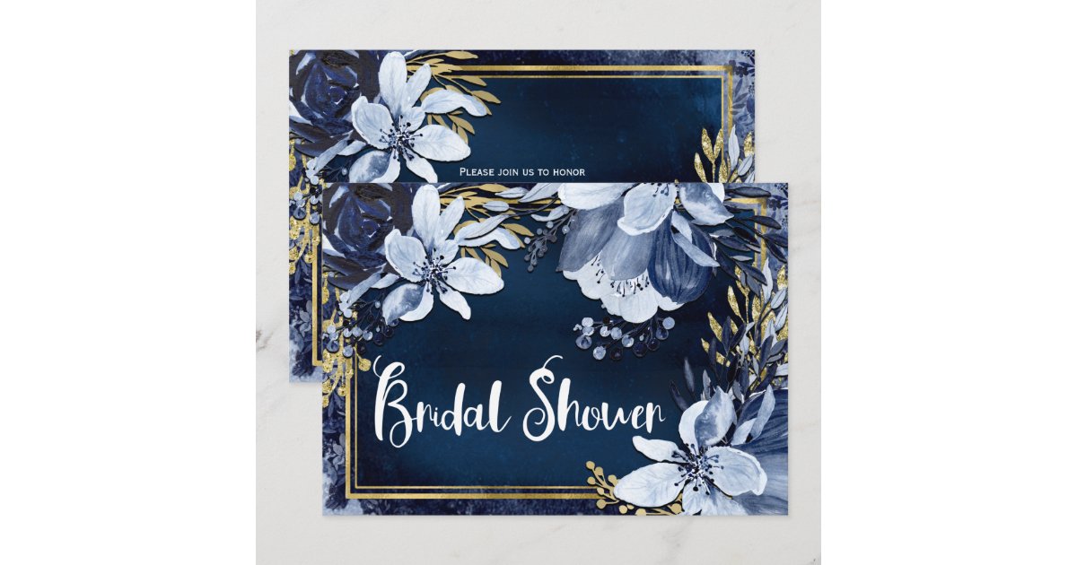 Navy Blue & Gold Elegant Modern Watercolor Floral Invitation | Zazzle