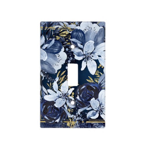 Navy Blue  Gold Elegant Modern Watercolor Floral Light Switch Cover
