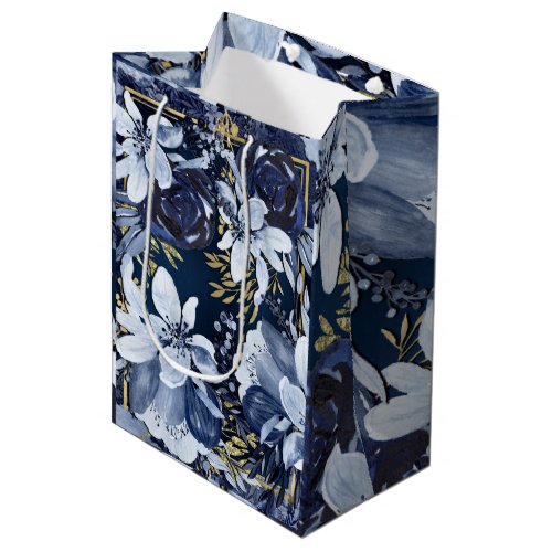 Navy Blue  Gold Elegant Modern Watercolor Floral Medium Gift Bag