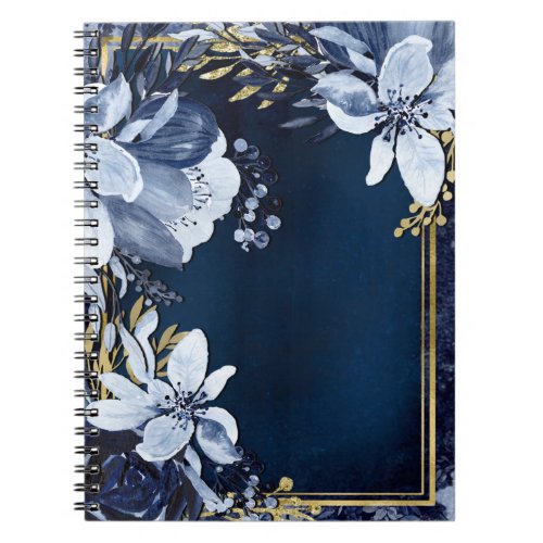 Navy Blue  Gold Elegant Modern Watercolor Floral Notebook