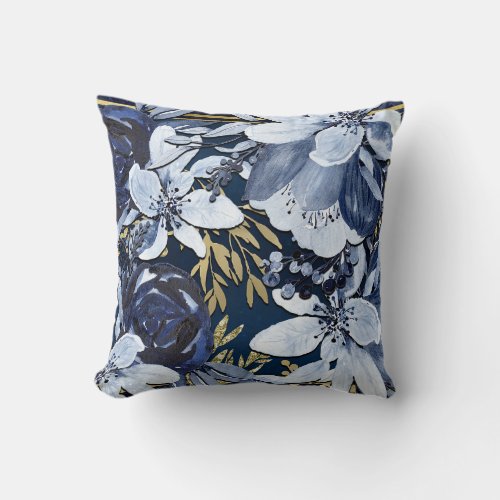 Navy Blue  Gold Elegant Modern Watercolor Floral Throw Pillow