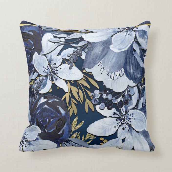 Navy Blue Gold Elegant Modern Watercolor Floral Throw Pillow Zazzle Com