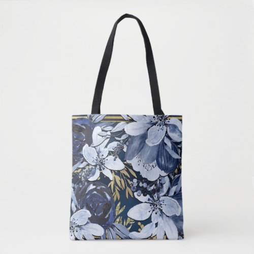 Navy Blue  Gold Elegant Modern Watercolor Floral Tote Bag