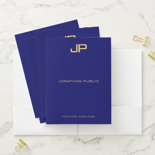 Navy Blue Gold Elegant Monogram Trendy Template Pocket Folder