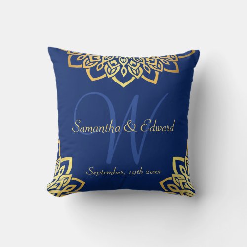 Navy Blue Gold Elegant Monogram Wedding Throw Pillow