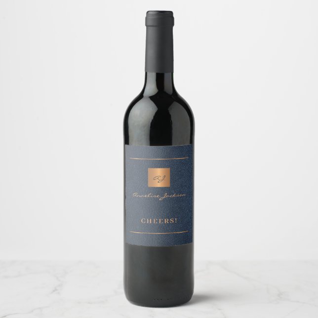 Navy blue gold elegant personalized name script wine label (Front)
