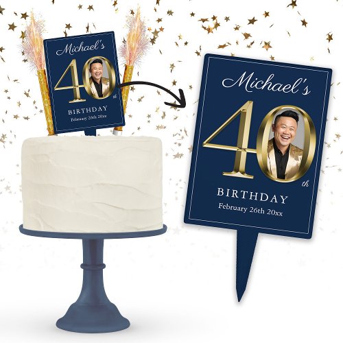 Navy Blue Gold Elegant Photo 40th Birthday Cake Topper