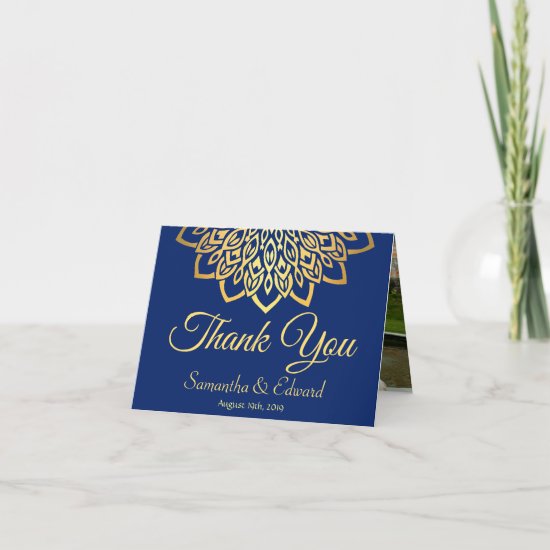 Navy Blue Gold Elegant Photo Wedding Thank You Card