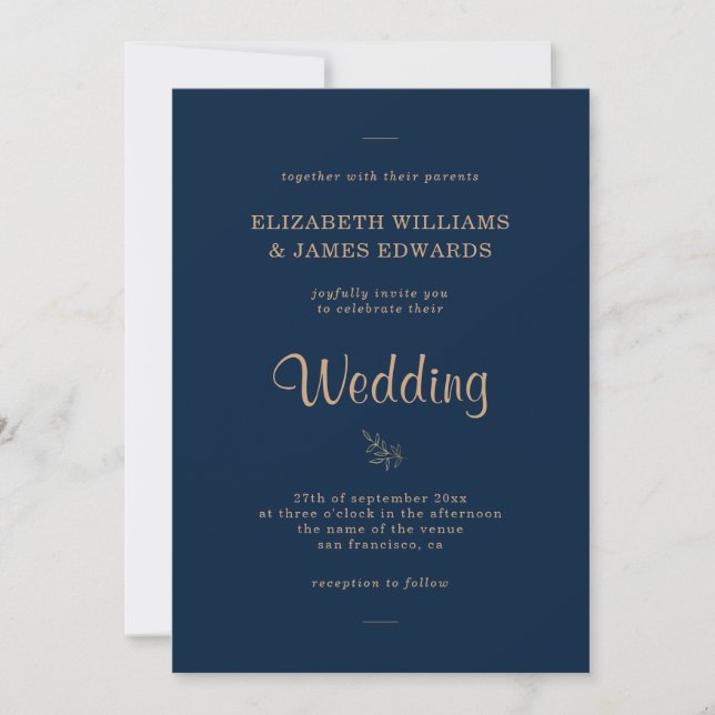 Navy Blue & Gold Elegant Rustic Wedding Invitation (Front)