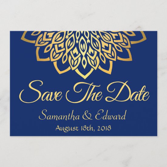 Navy Blue Gold Elegant Save the Date Card