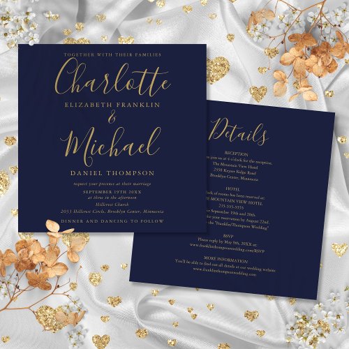 Navy Blue Gold Elegant Script All In One Wedding Invitation