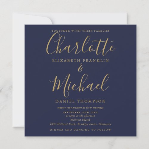 Navy Blue Gold Elegant Script All In One Wedding Invitation