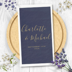 Navy Blue Gold Elegant Signature Script Wedding Paper Guest Towels
