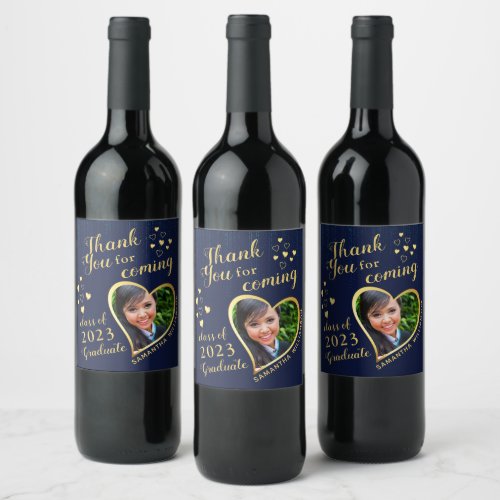 Navy Blue Gold Elegant Thank You 2023 Graduation Wine Label