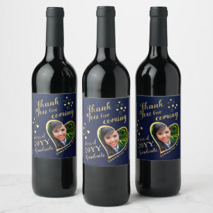 Navy Blue Gold Elegant Thank You 2025 Graduation Wine Label
