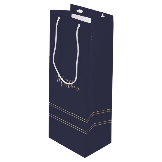 Navy Blue Gold Elegant Wedding Favor Wine Bags (Front Angled)