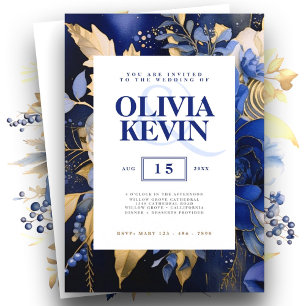 Navy blue & gold elegant wedding floral watercolor invitation