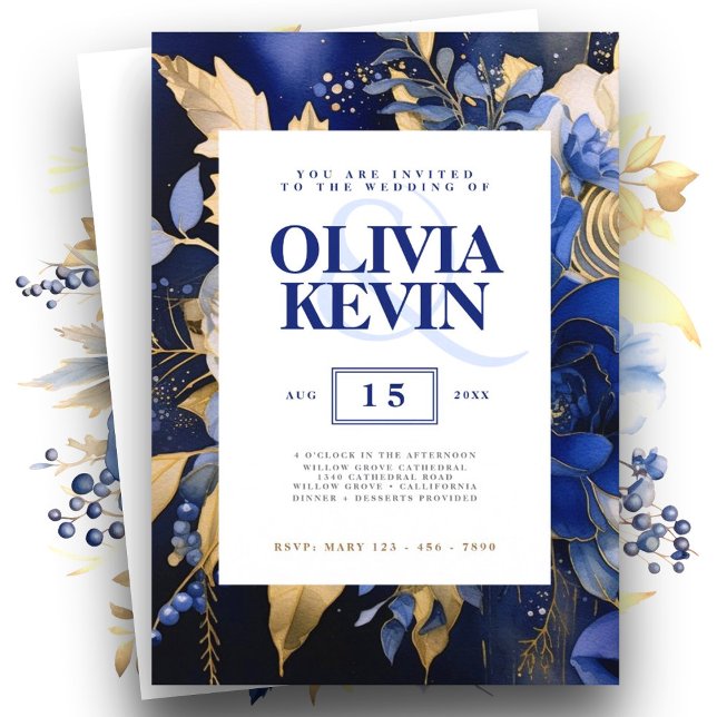Navy blue & gold elegant wedding floral watercolor invitation (Creator Uploaded)