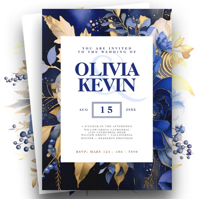 Navy blue & gold elegant wedding floral watercolor invitation | Zazzle