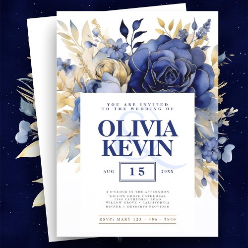 Navy blue  gold elegant wedding floral watercolor invitation
