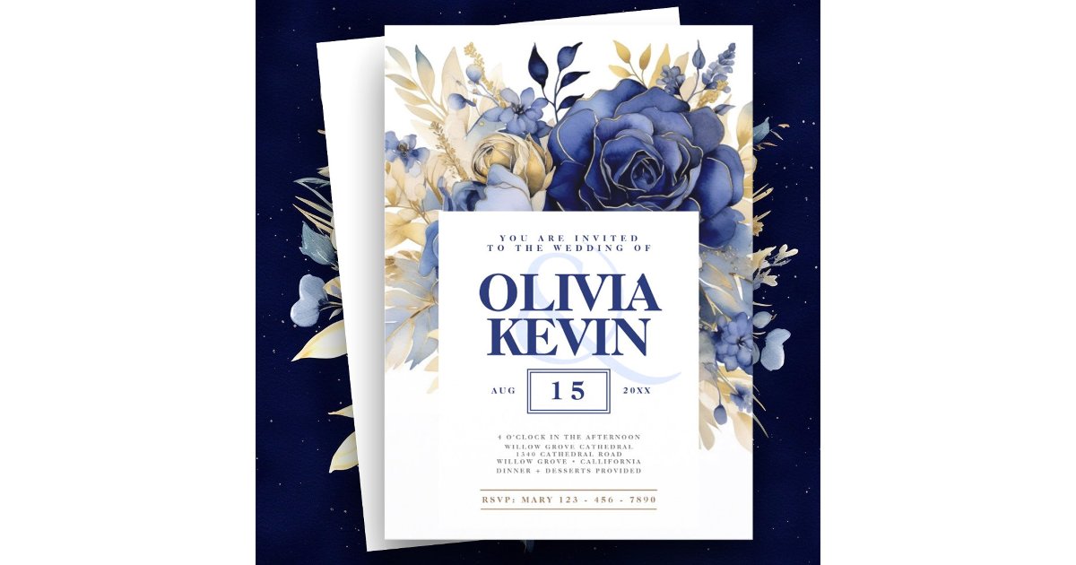 Navy blue & gold elegant wedding floral watercolor invitation | Zazzle