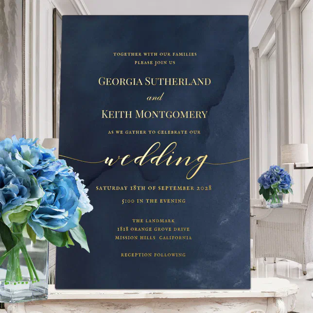 Navy Blue & Gold Elegant Wedding Foil Invitation | Zazzle