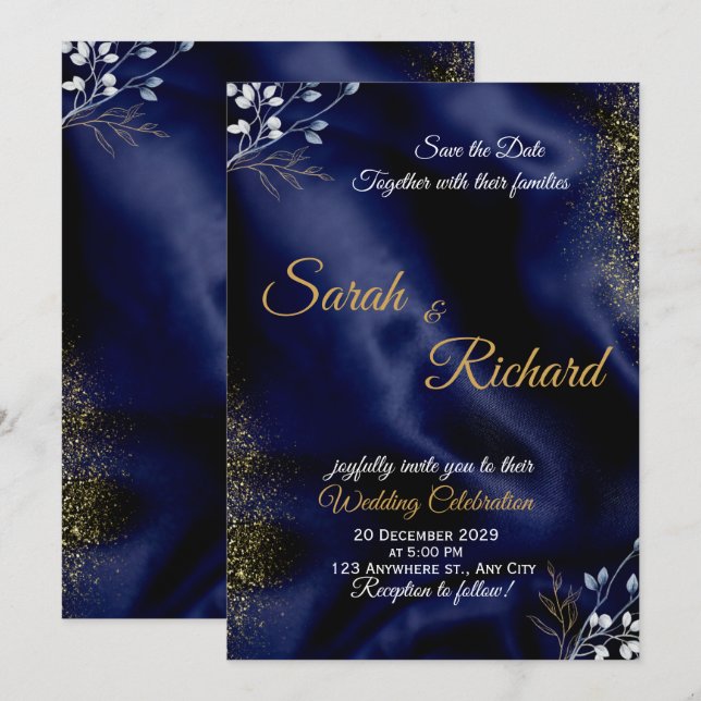 Navy Blue Gold Elegant Wedding Invitation (Front/Back)