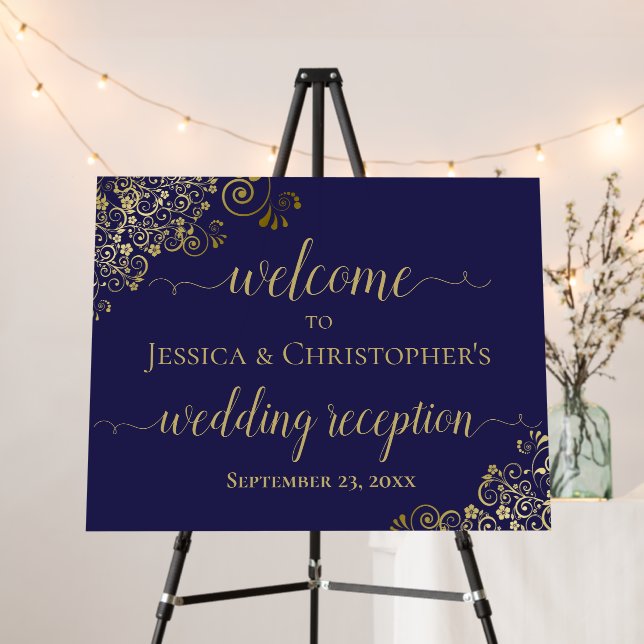 Navy Blue & Gold Elegant Wedding Reception Welcome Foam Board (In Situ (Stand))