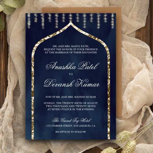 Navy Blue Gold Ethnic Indian Arch Wedding Invitation